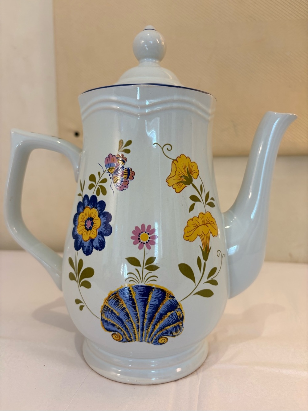 Georges Briard Bretton Ceramic Floral Teapot Blue Pink Yellow Accents